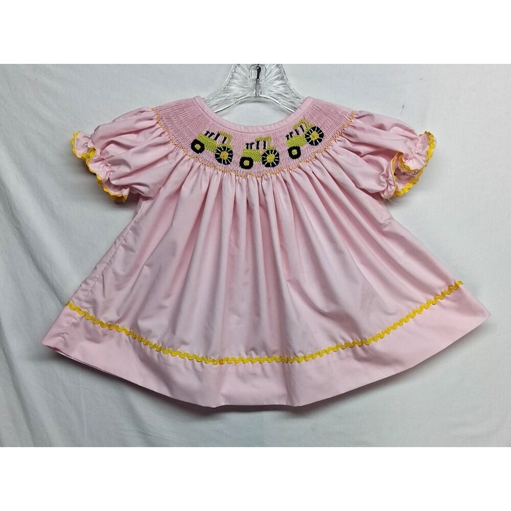 Vintage All About Those Smocks 9M Smocked Pink Girls Dress Farm Tractor Handmade